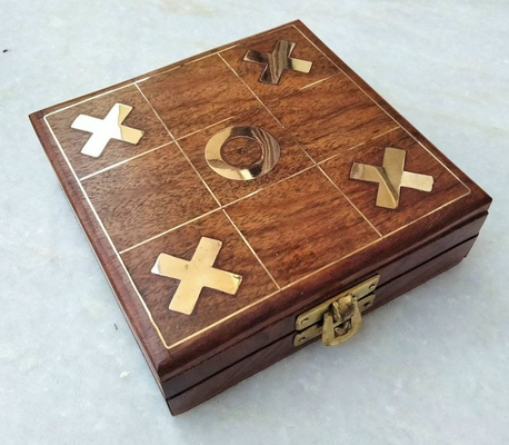Wood Tic Tac Toe Game Box Brass Engraved 2 Players Game Best Gift For Kids
